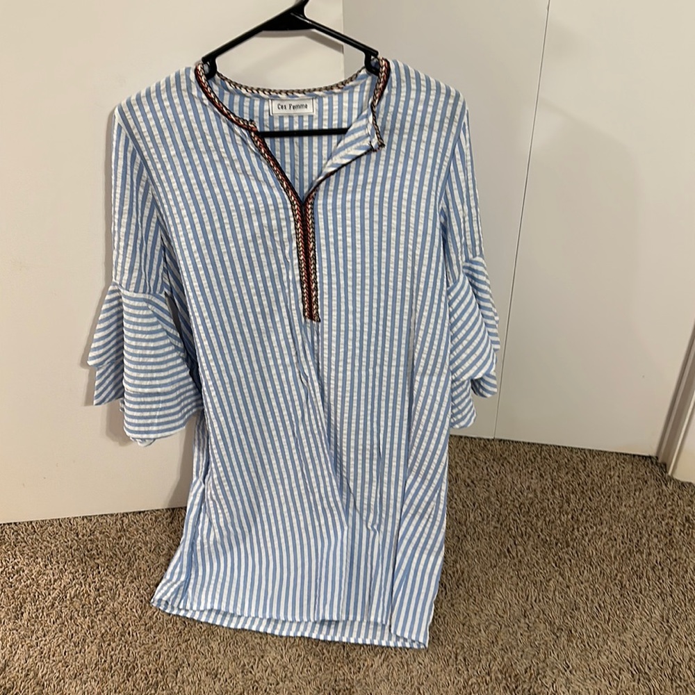 Never worn. Blue and white dress.